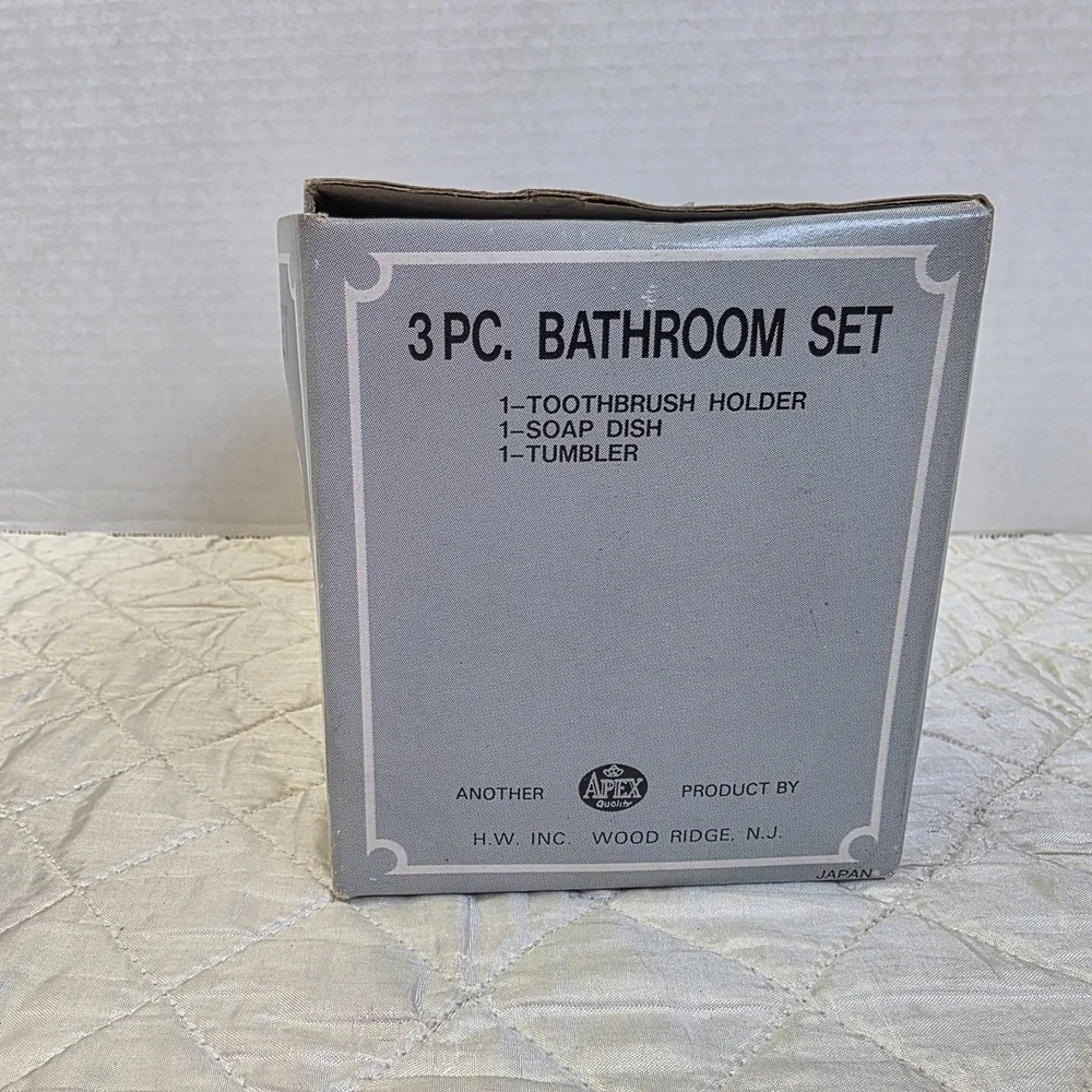 Vintage Porcelain 3 Piece Bathroom Set Japan Cup Toothbrush Holder Soap Dish